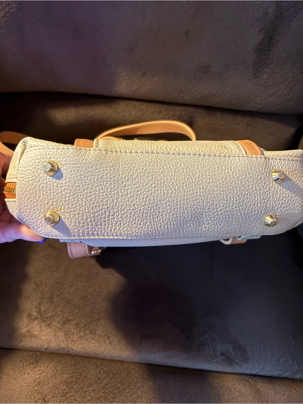 White and Tan Leather Tote Bag with Accent Trim - Picture 7 of 7